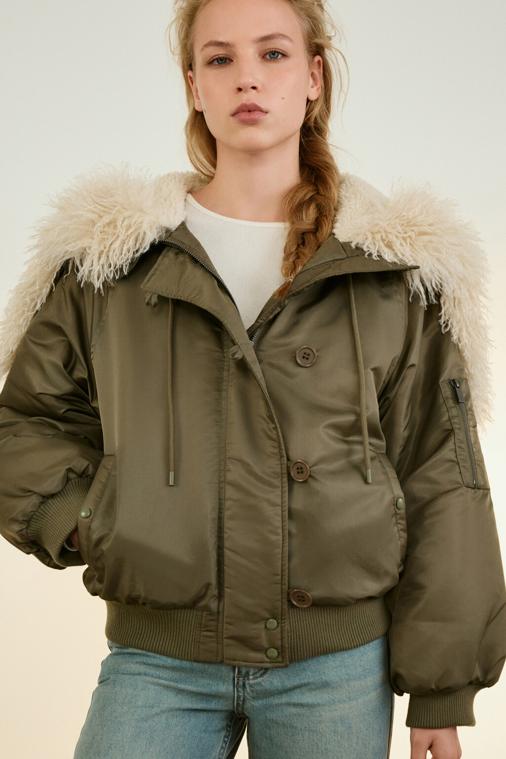 Куртка-бомбер с широким воротником - цвет зеленый - 1