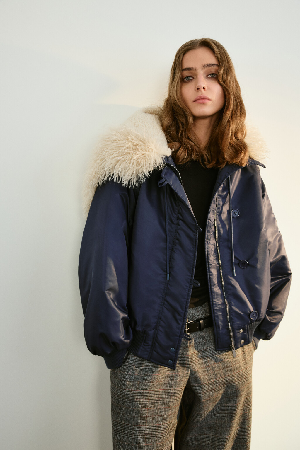 Куртка-бомбер с широким воротником - цвет синий - 1