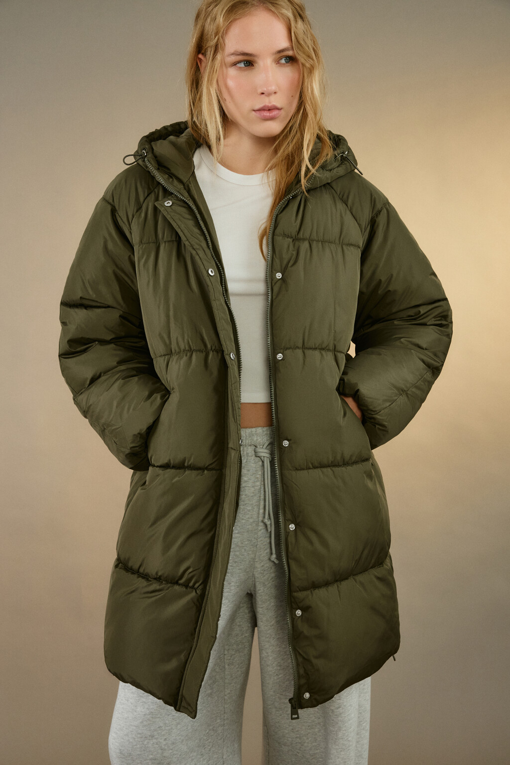 Пальто стеганое с капюшоном - цвет зеленый - 1