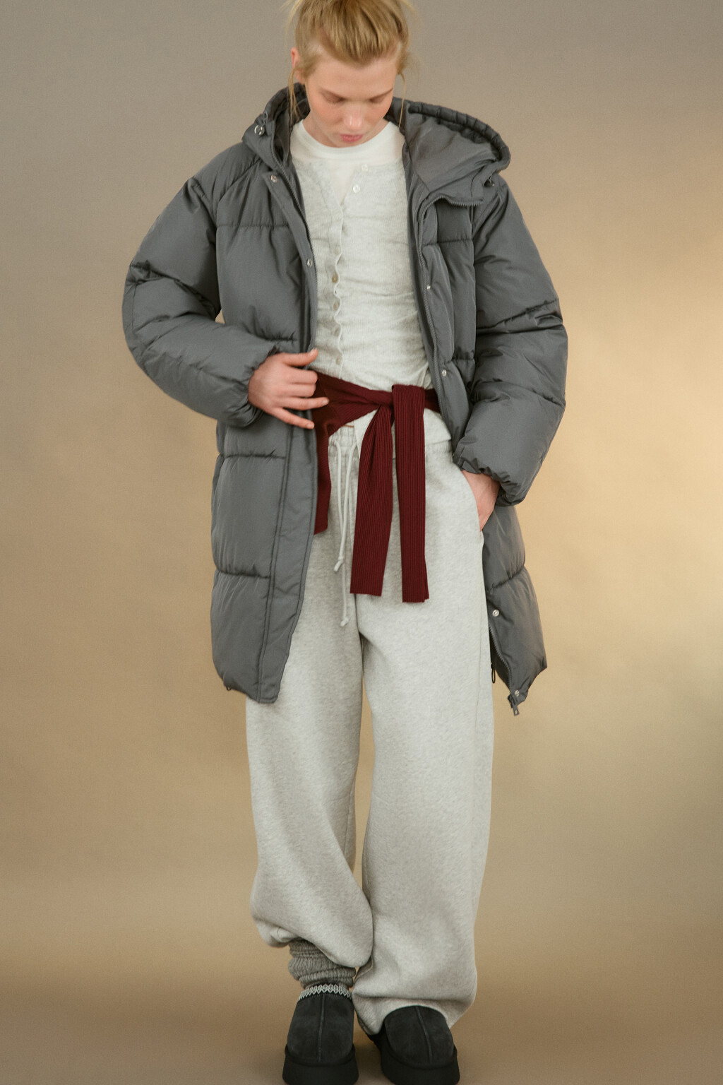 Пальто стеганое с капюшоном - цвет серый - 1