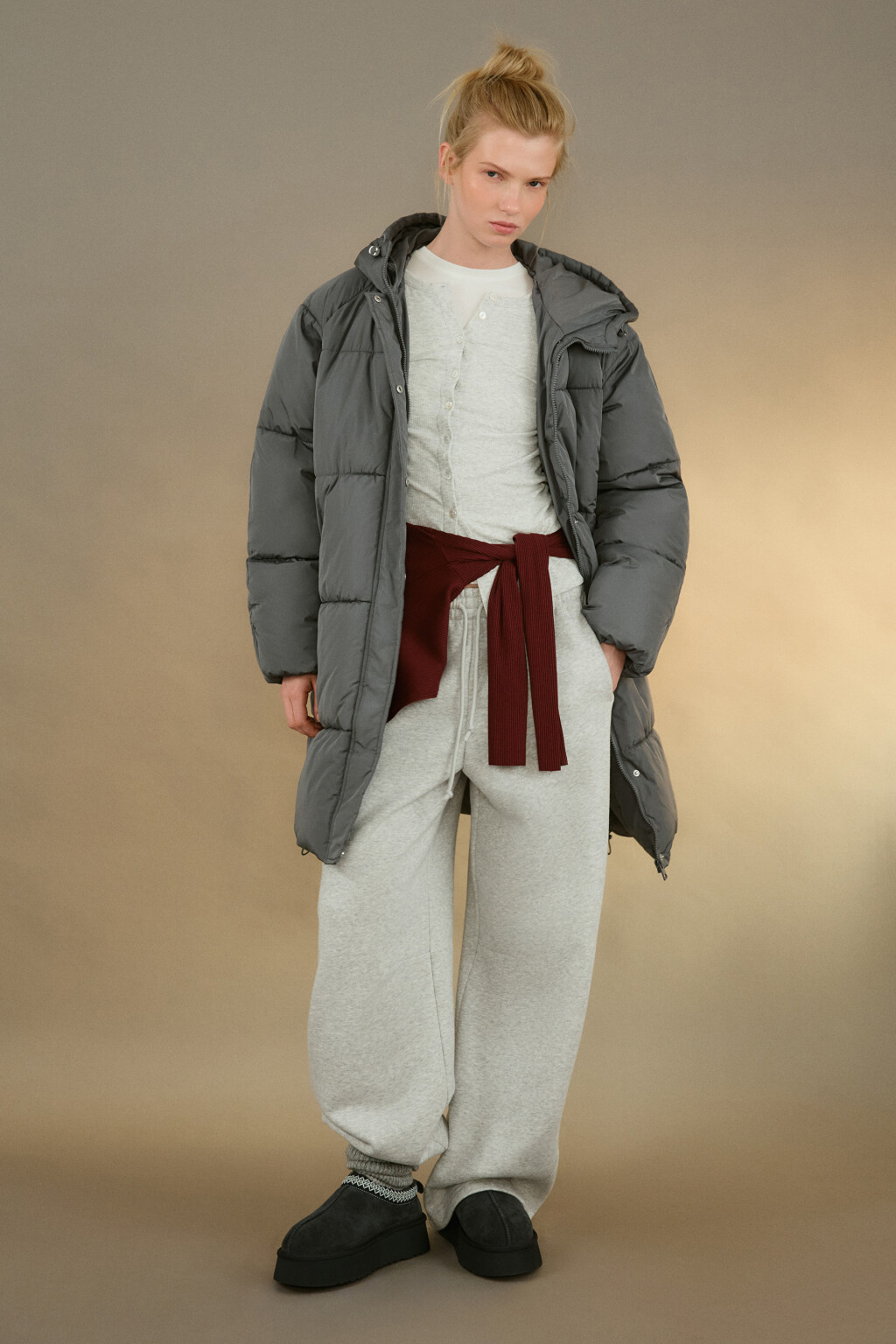 Пальто стеганое с капюшоном - цвет серый - 4