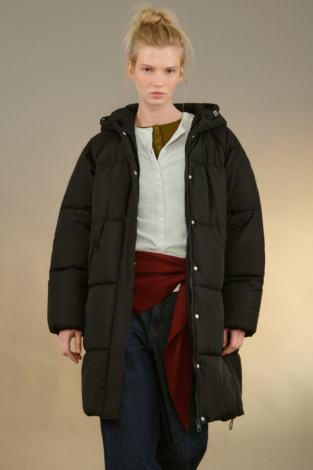 Пальто стеганое с капюшоном - цвет черный - 1