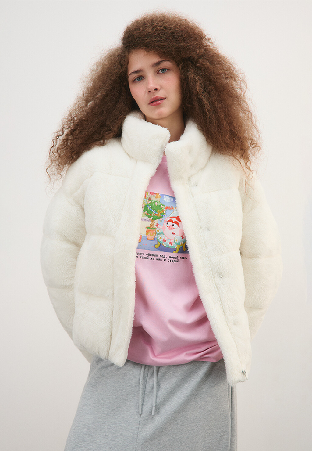 Куртка стеганая с меховой фактурой - цвет молочный - 1