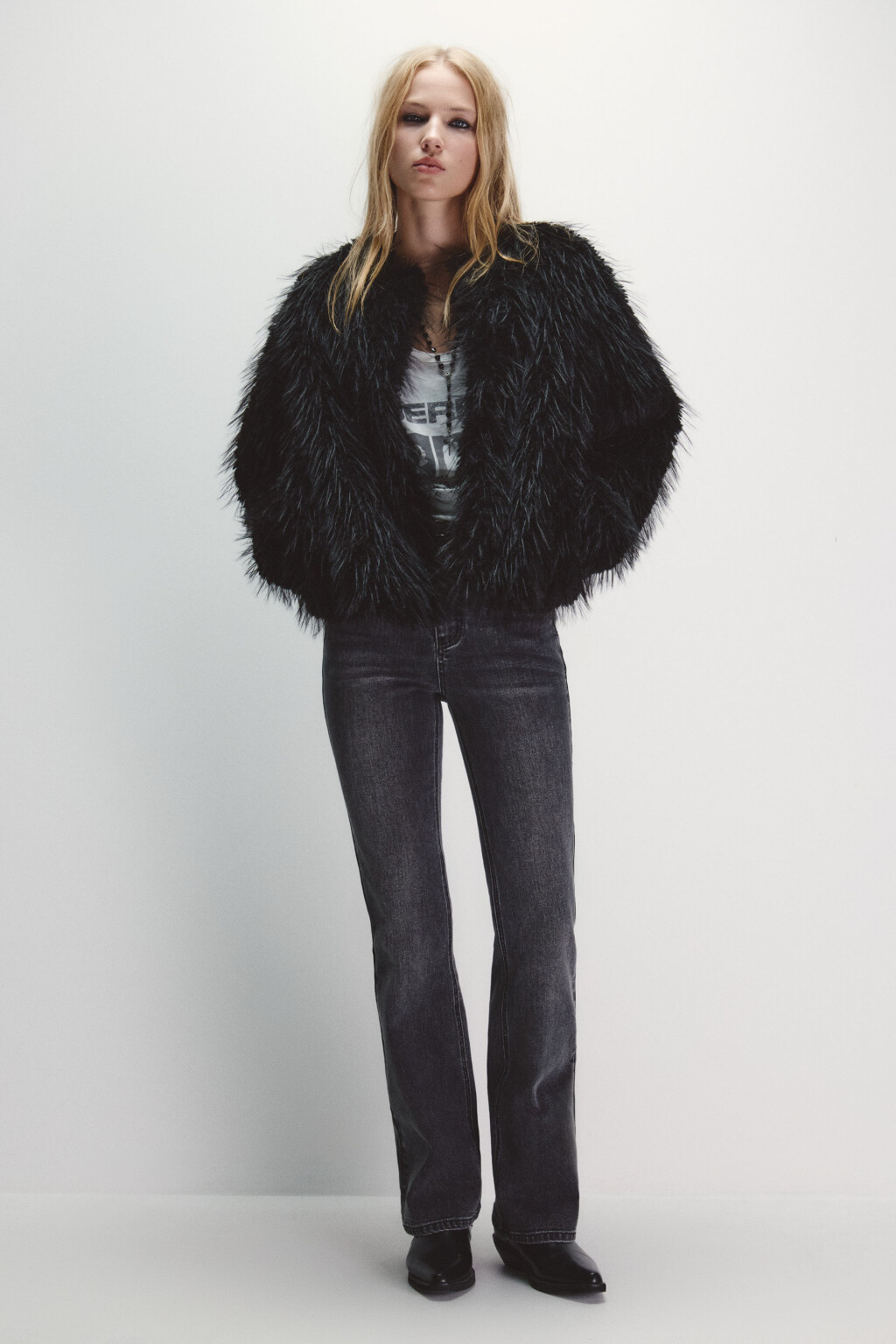 Шуба короткая с длинным ворсом - цвет черный - 5