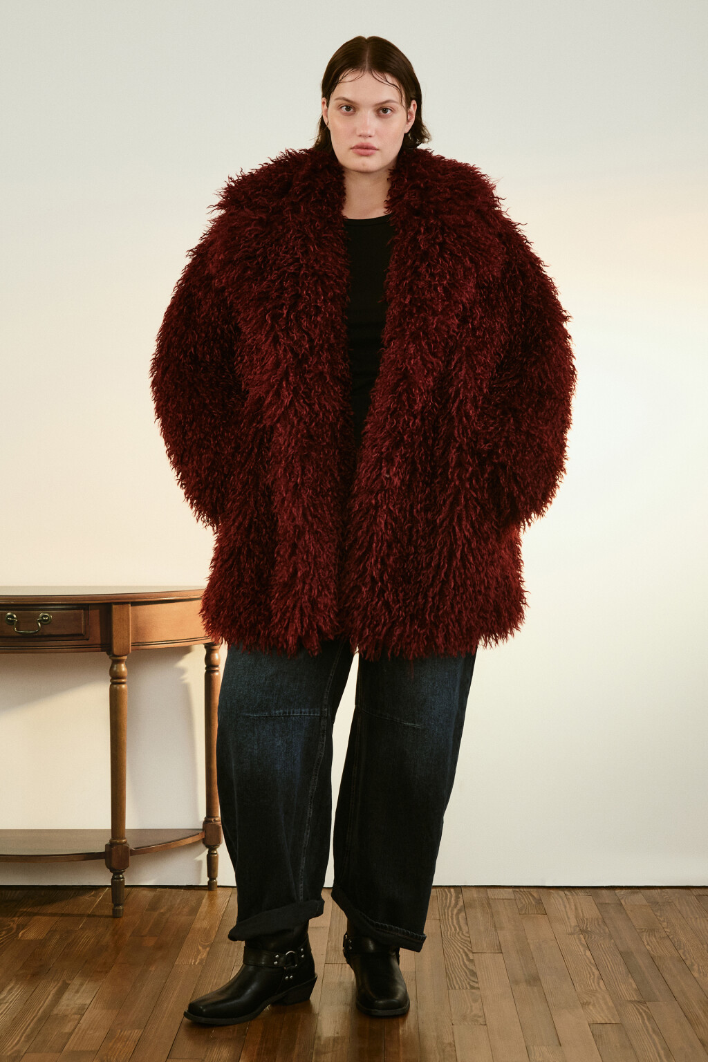Шуба утепленная с длинным ворсом - цвет бордовый - 5