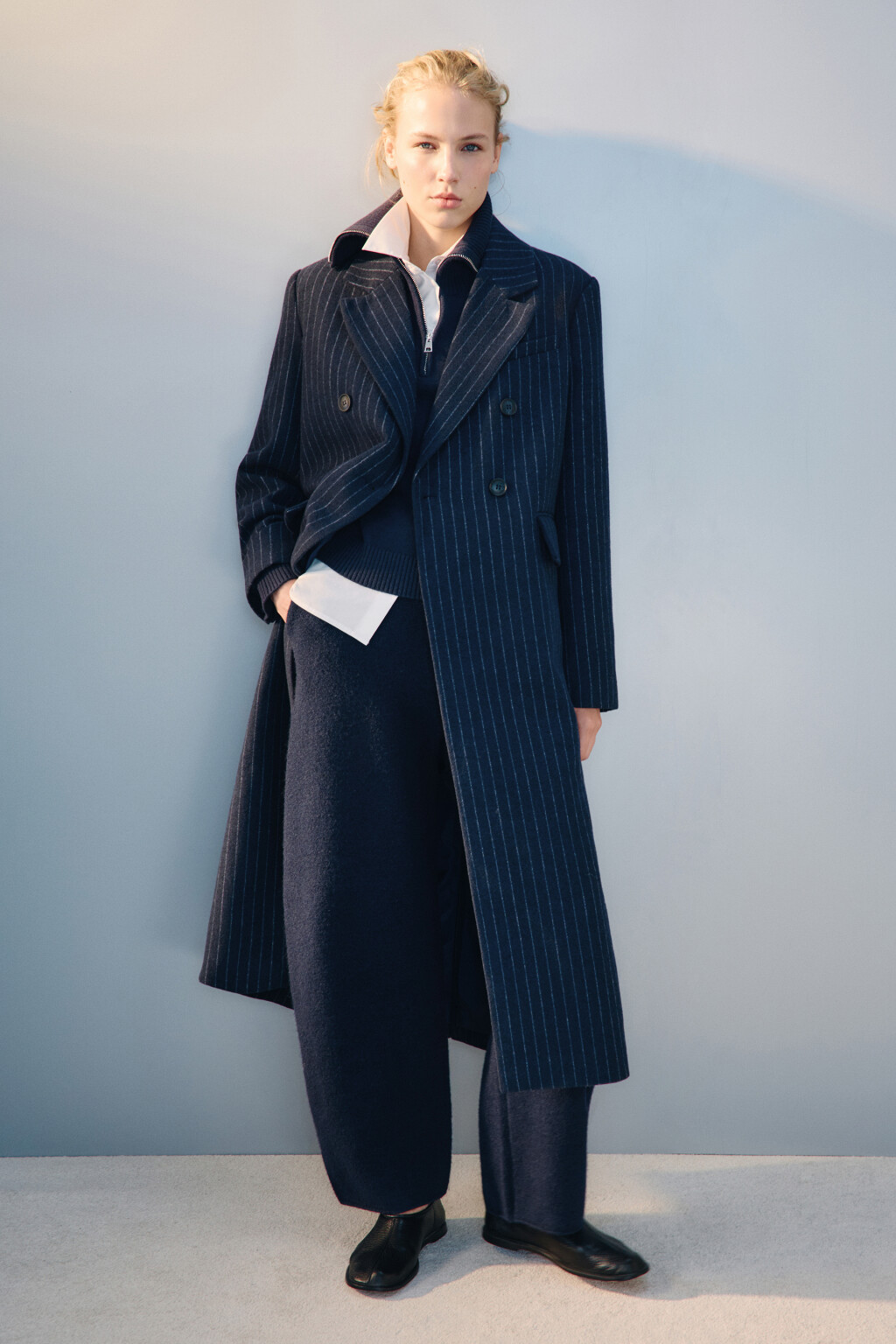 Пальто длинное драповое в полоску - цвет синий - 1