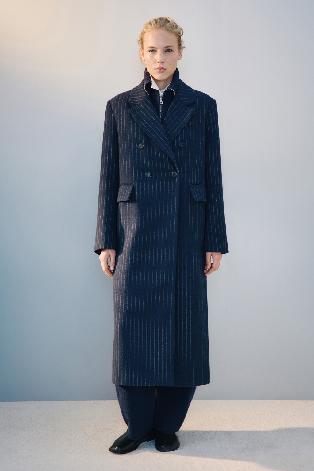 Пальто длинное драповое в полоску - цвет синий - 2