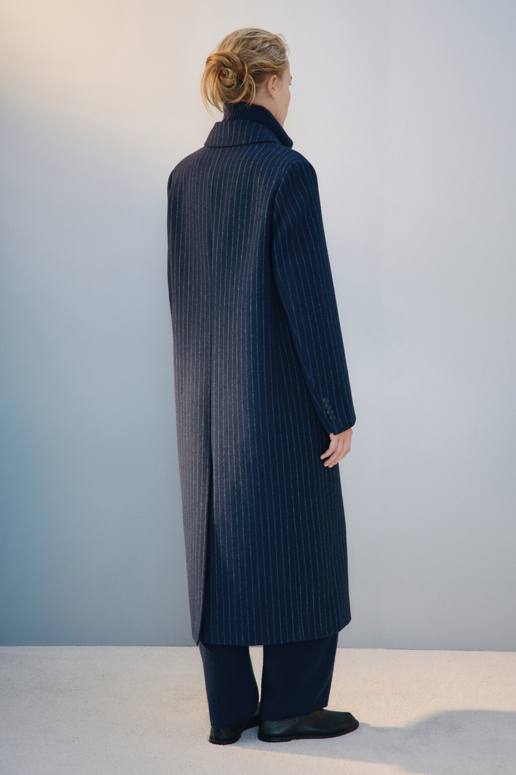 Пальто длинное драповое в полоску - цвет синий - 3