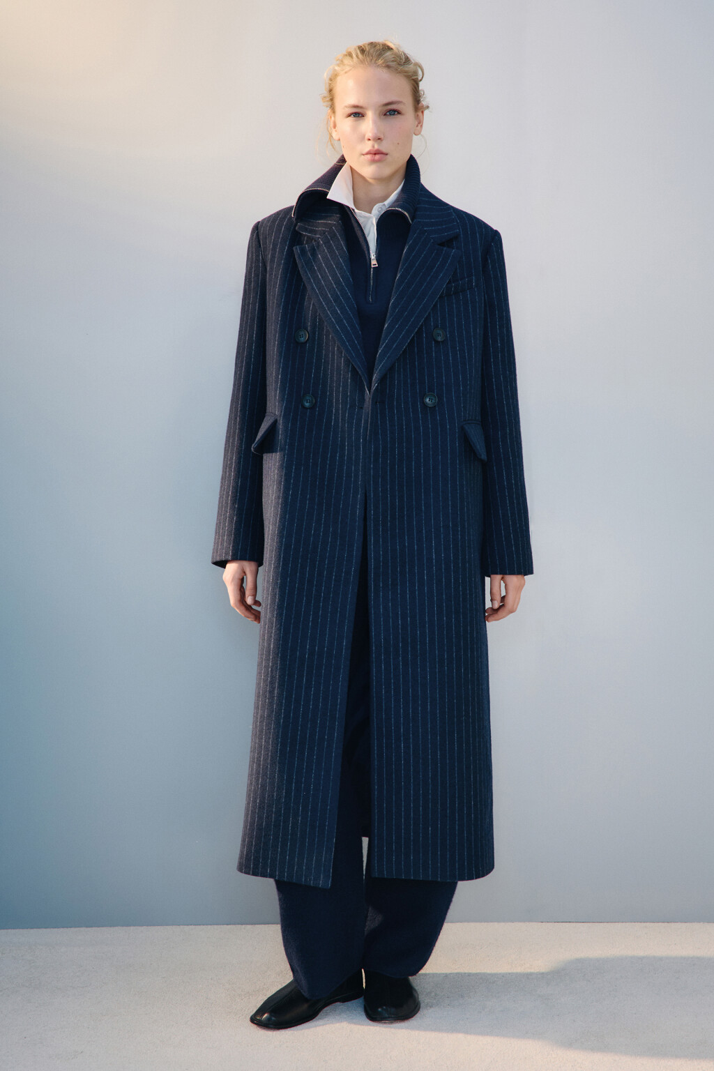 Пальто длинное драповое в полоску - цвет синий - 4