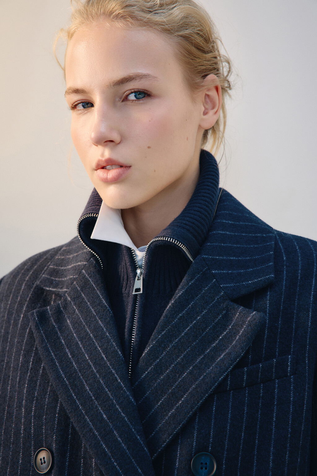 Пальто длинное драповое в полоску - цвет синий - 5