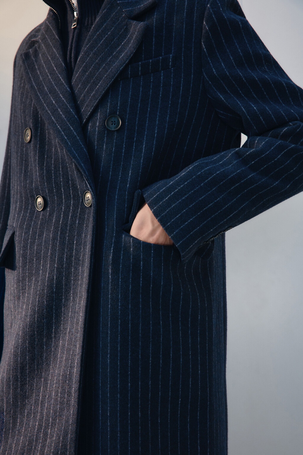 Пальто длинное драповое в полоску - цвет синий - 7