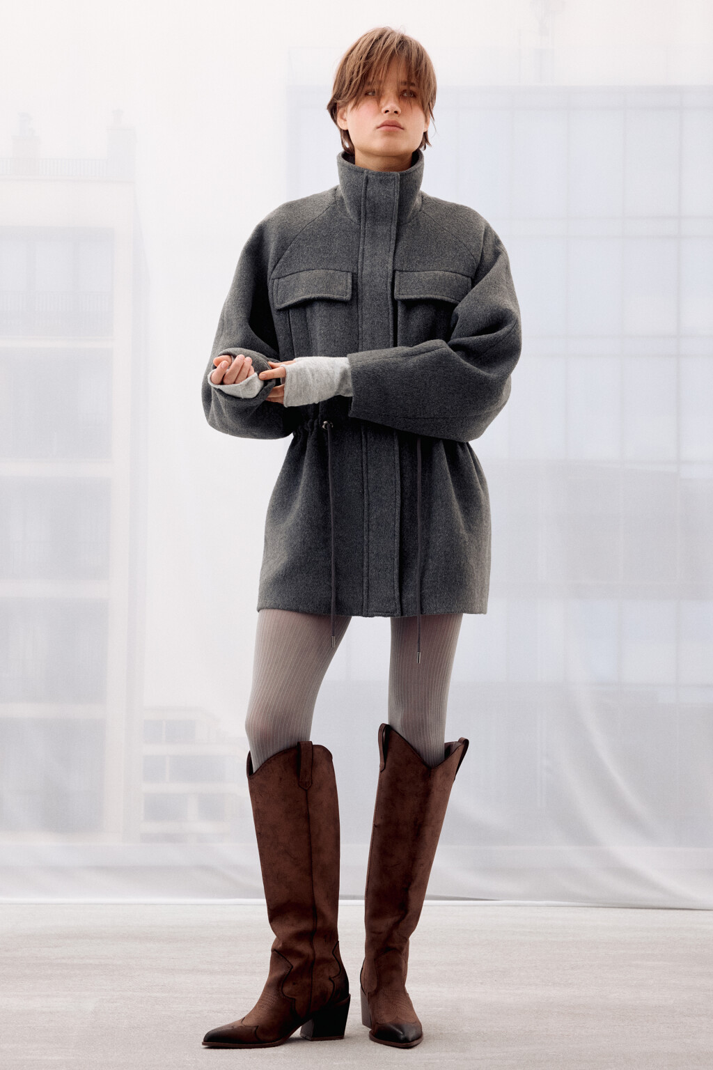 Куртка-парка драповая с поясом - цвет серый - 9