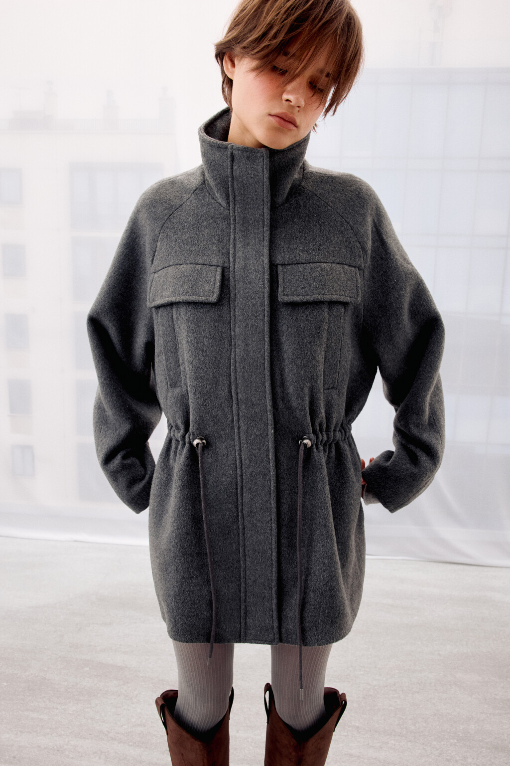 Куртка-парка драповая с поясом - цвет серый - 10