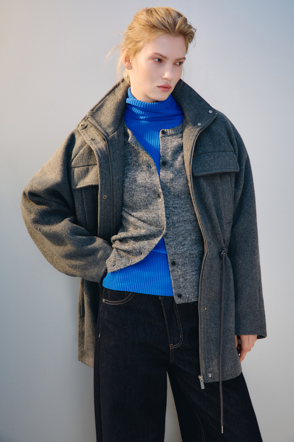 Куртка-парка драповая с поясом - цвет серый - 2