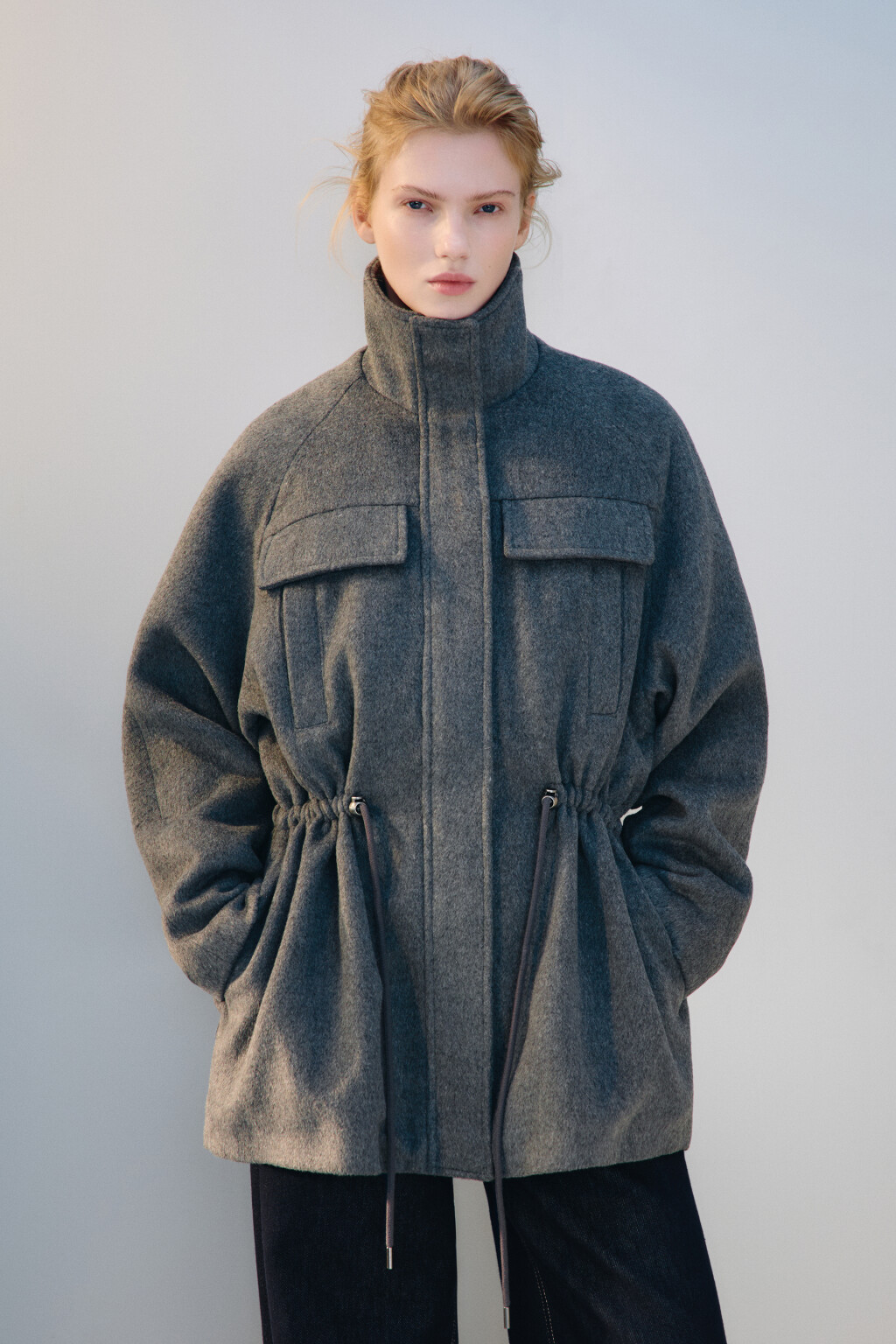 Куртка-парка драповая с поясом - цвет серый - 3