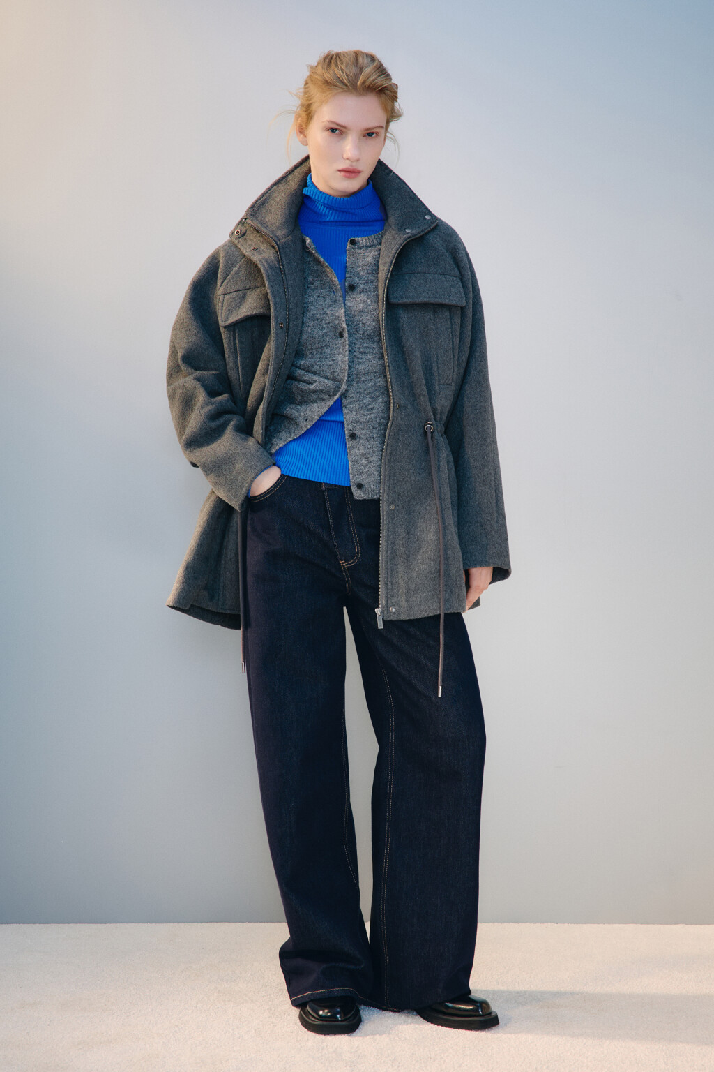 Куртка-парка драповая с поясом - цвет серый - 5