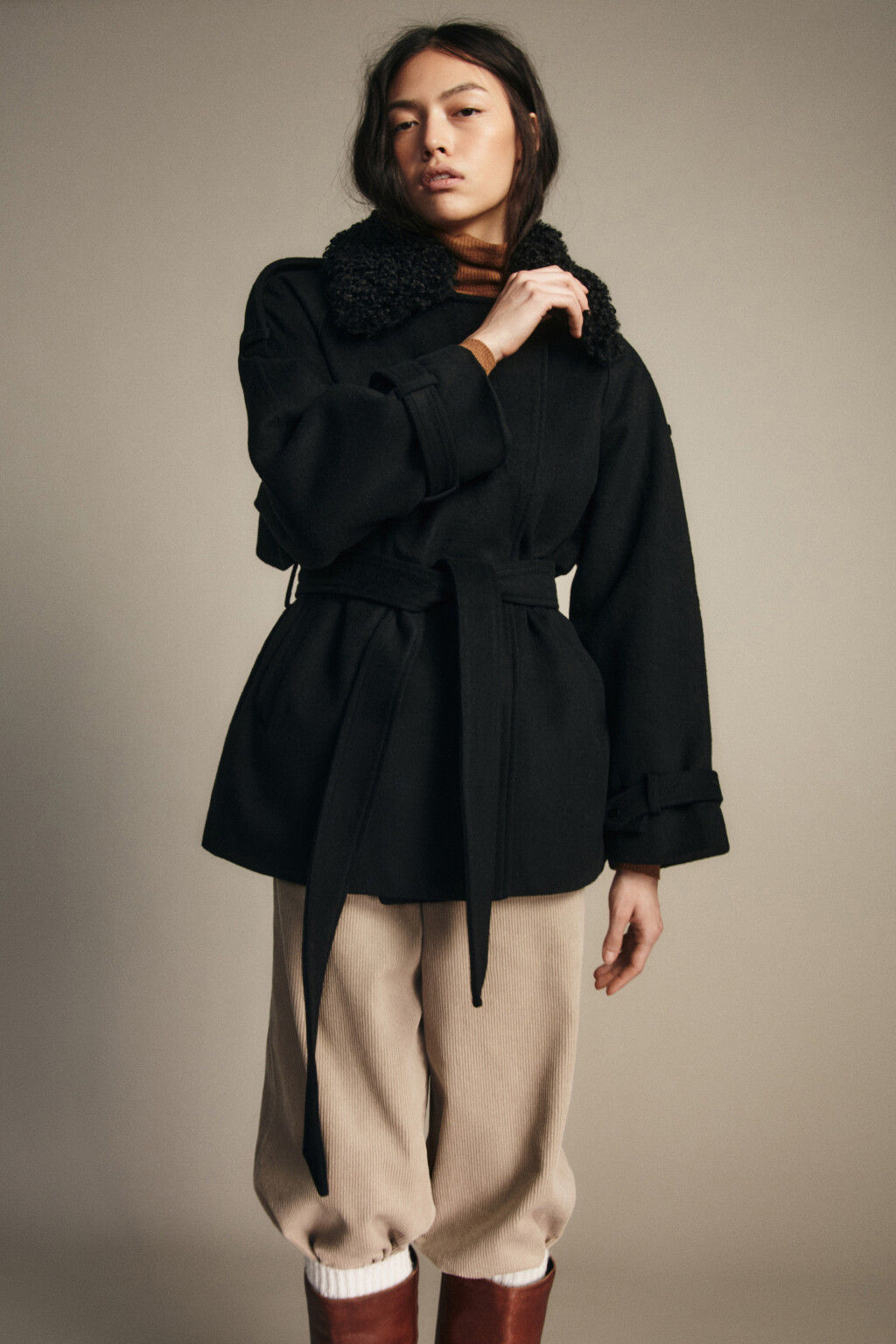 Пальто драповое со съемным воротником - цвет черный - 4