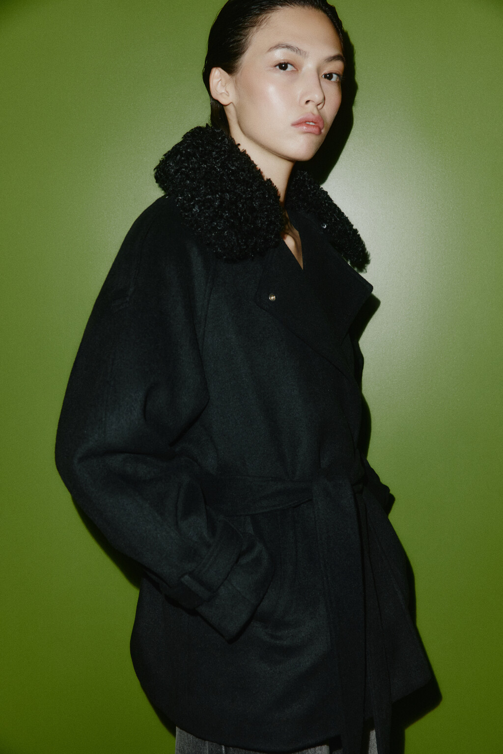 Пальто драповое со съемным воротником - цвет черный - 1