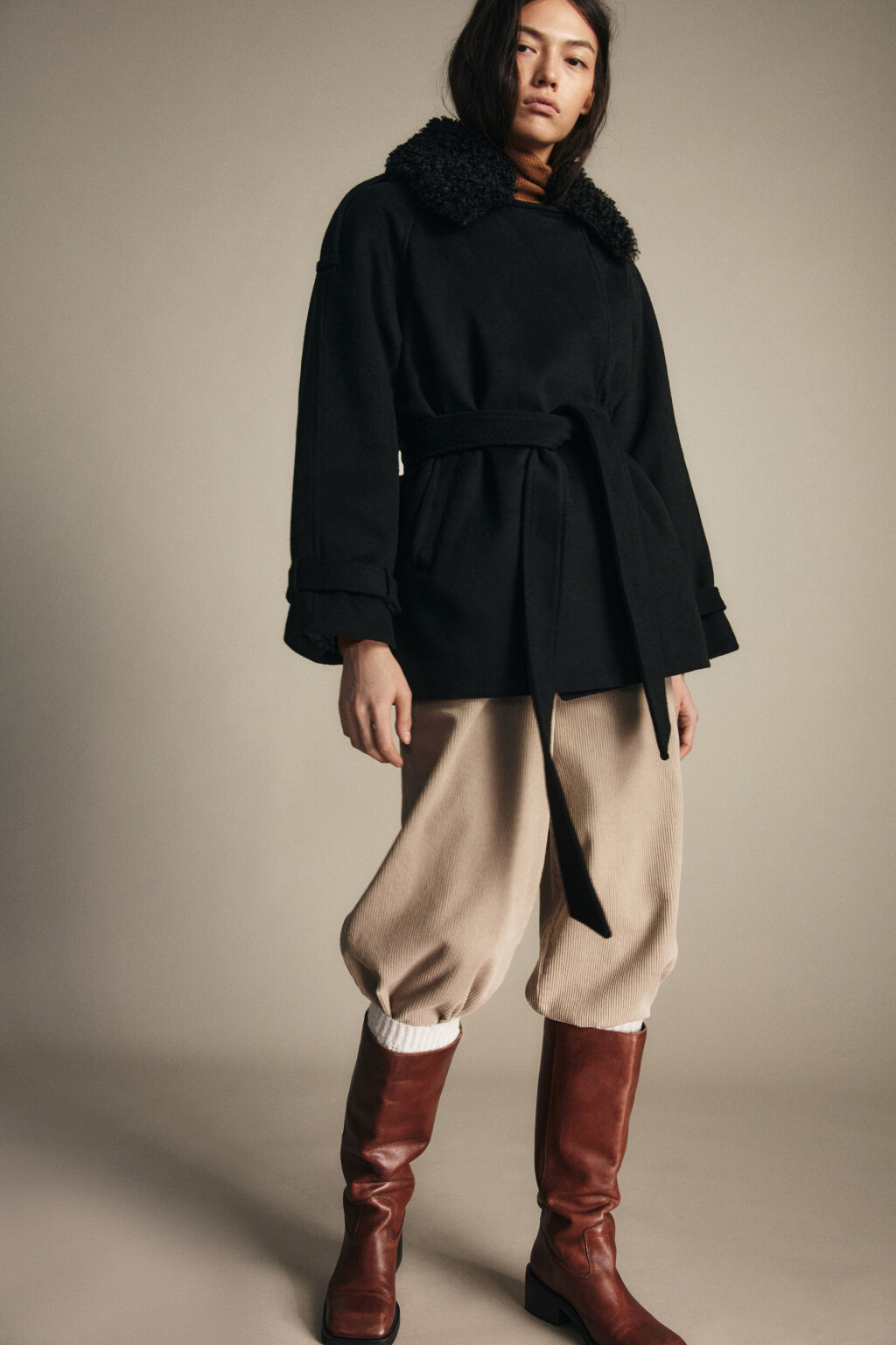 Пальто драповое со съемным воротником - цвет черный - 5