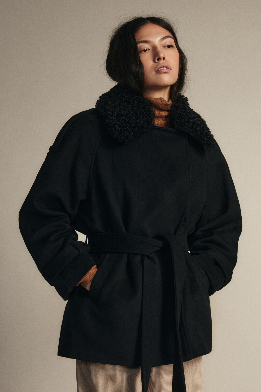 Пальто драповое со съемным воротником - цвет черный - 6