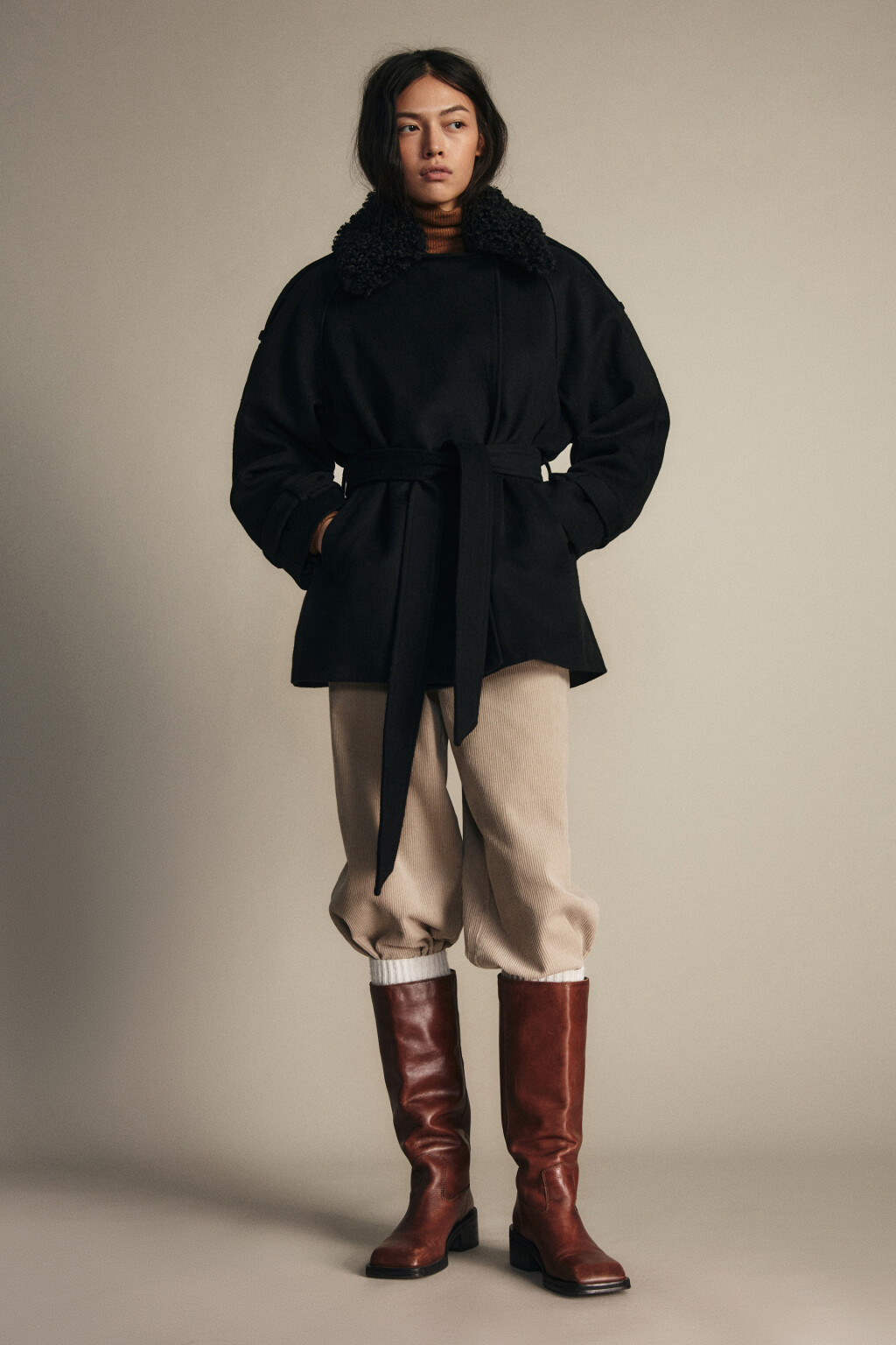 Пальто драповое со съемным воротником - цвет черный - 8