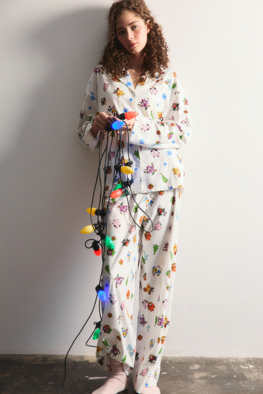 Брюки широкие домашние с принтом - цвет ванильный - 1