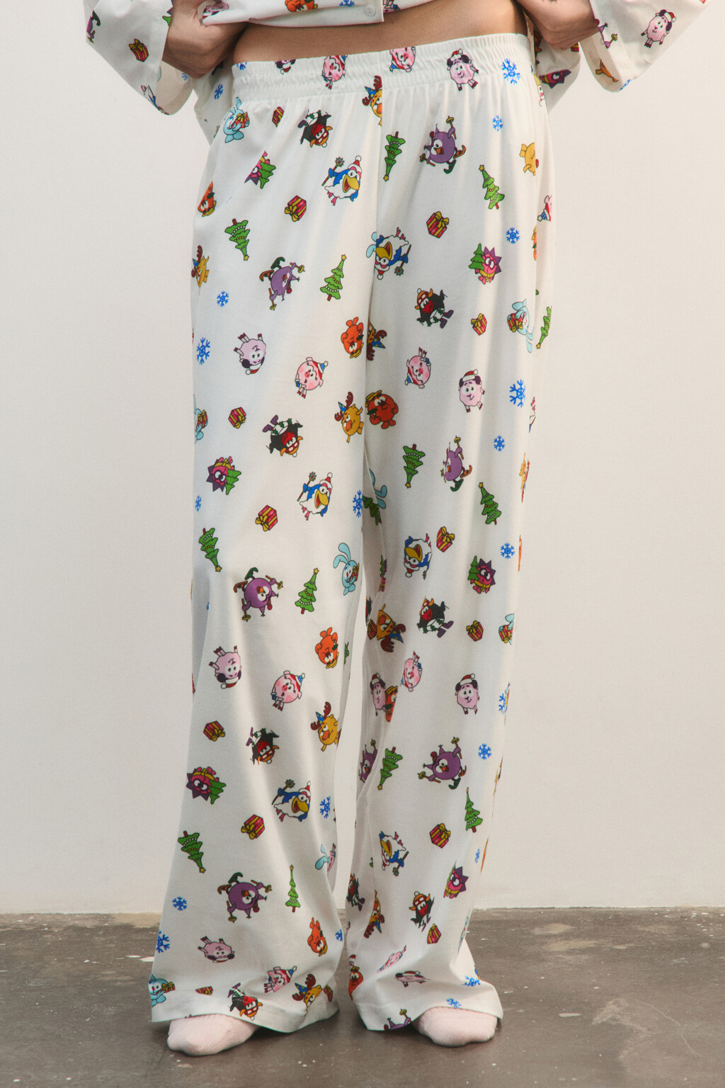Брюки широкие домашние с принтом - цвет ванильный - 2