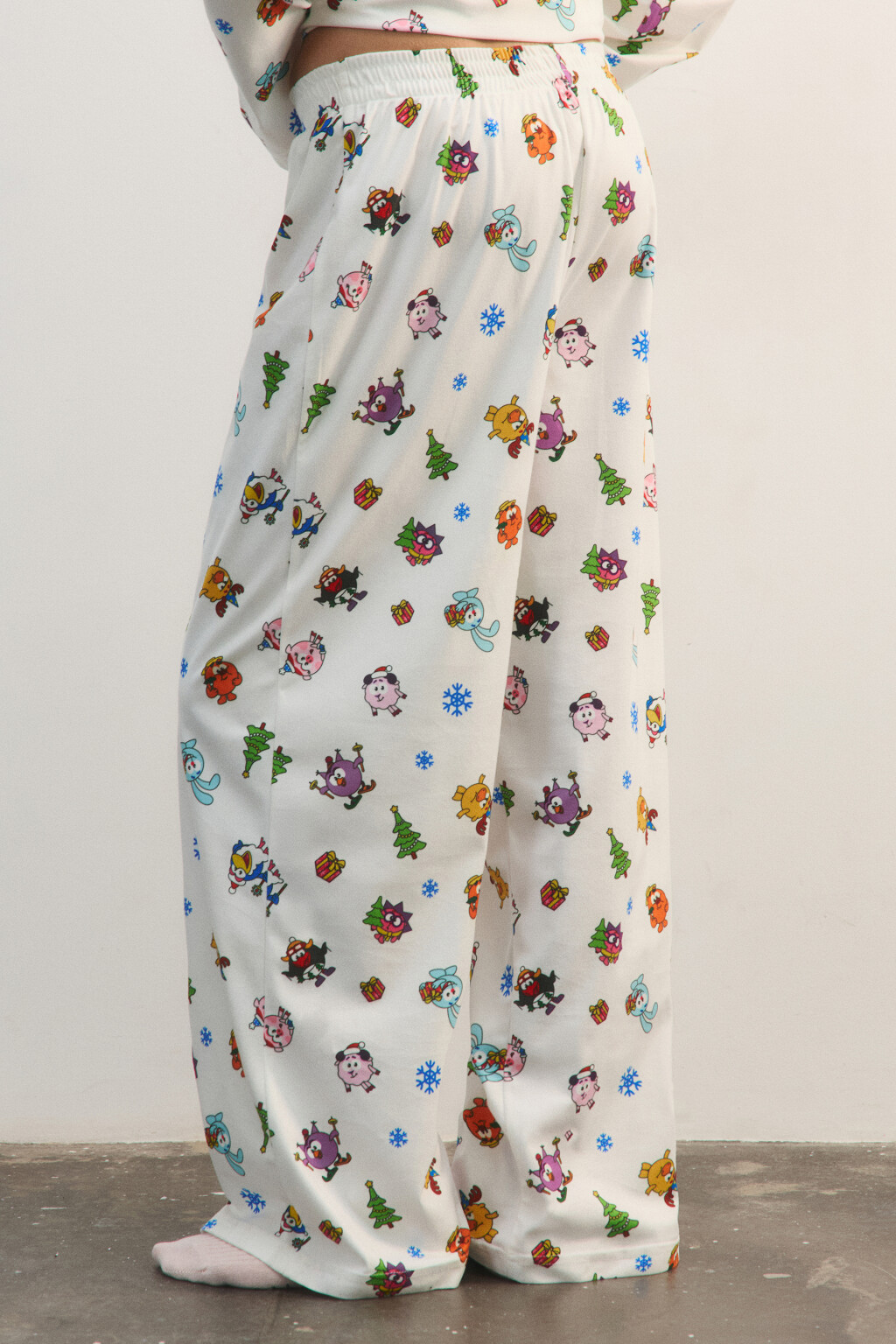 Брюки широкие домашние с принтом - цвет ванильный - 3