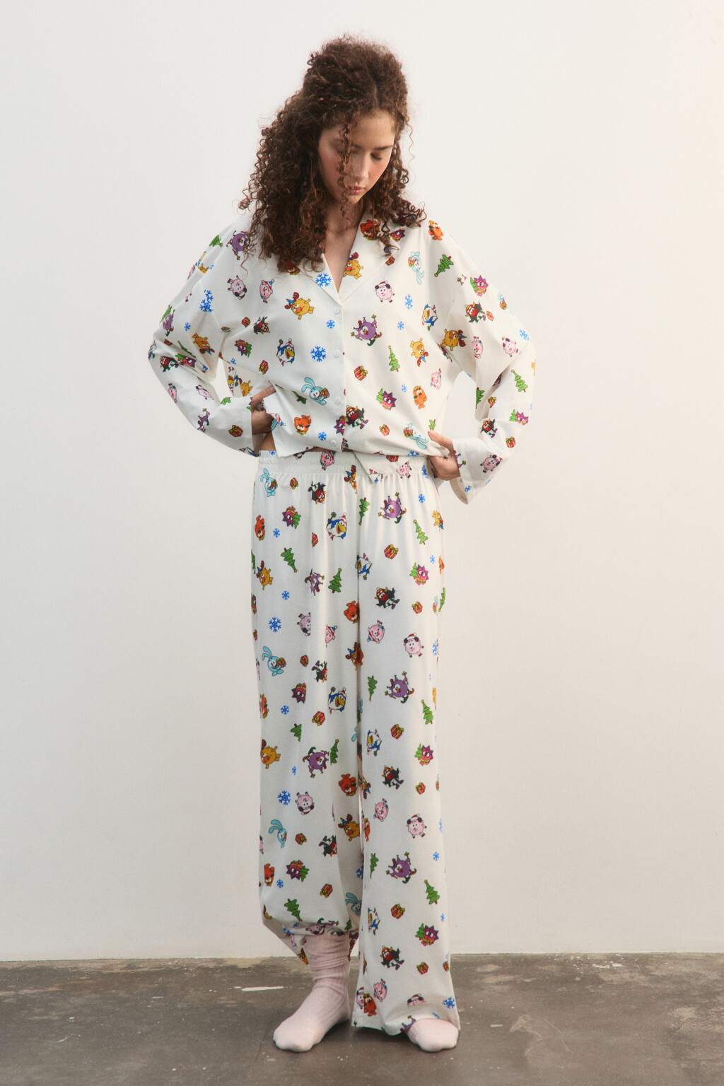 Брюки широкие домашние с принтом - цвет ванильный - 4