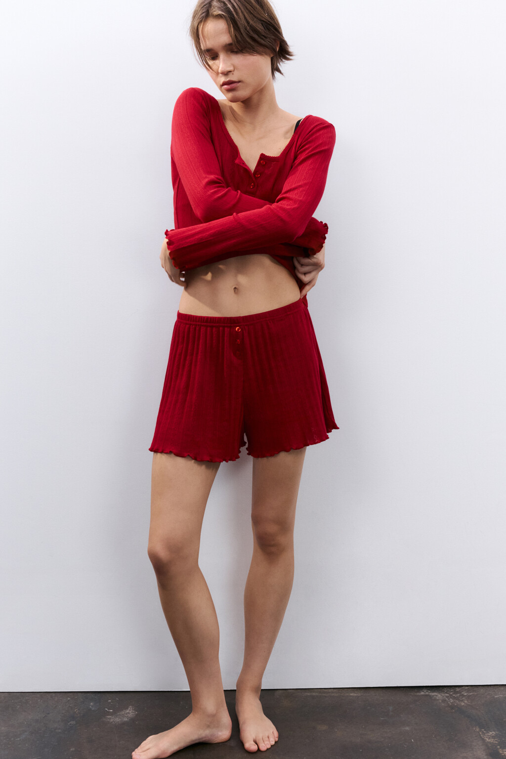 Шорты домашние с волнистыми краями - цвет красный - 1