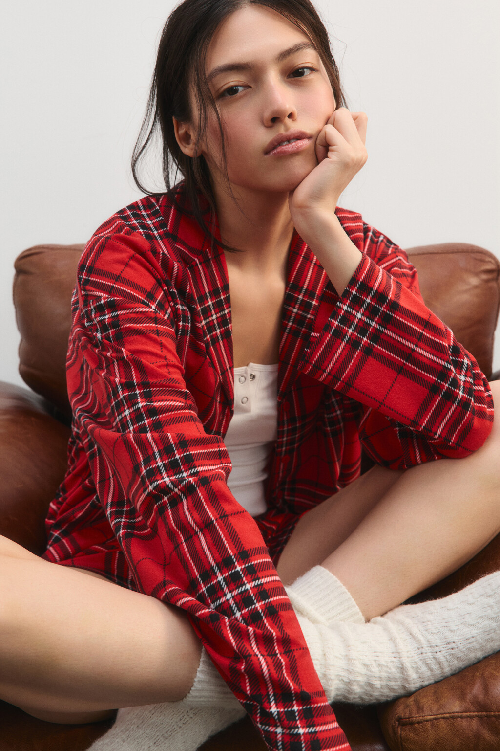 Рубашка пижамная в клетку - цвет красный - 1