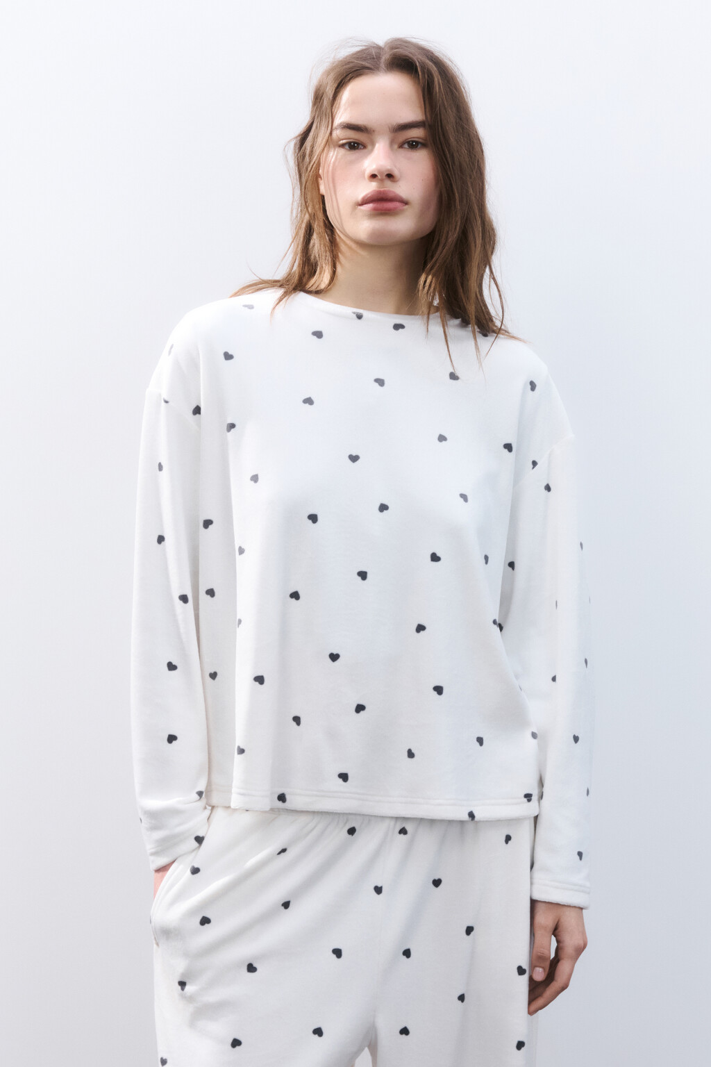 Лонгслив домашний велюровый с принтом - цвет серый - 2