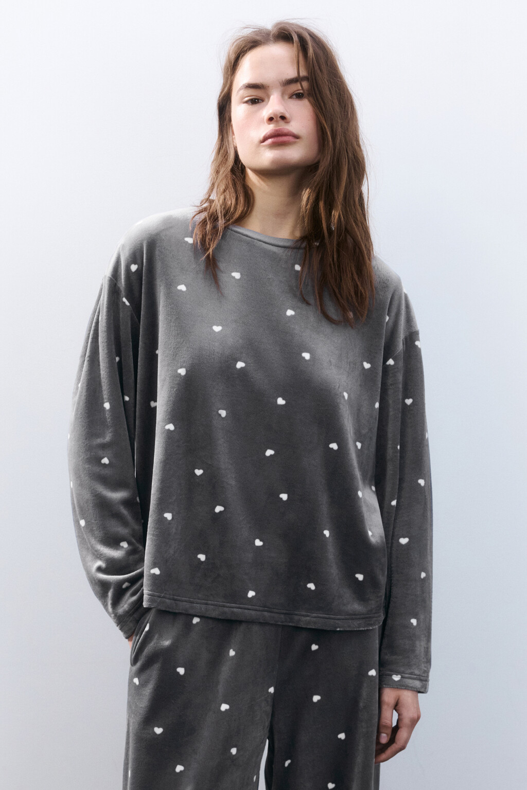 Лонгслив домашний велюровый с принтом - цвет бежевый - 2