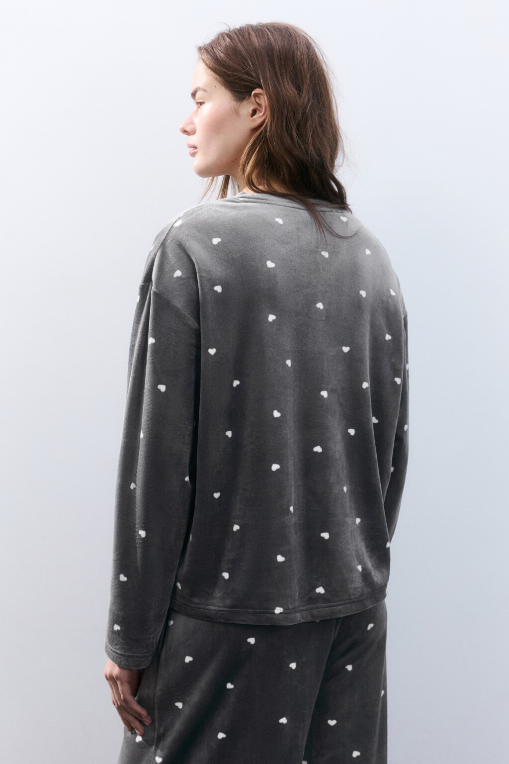 Лонгслив домашний велюровый с принтом - цвет бежевый - 3