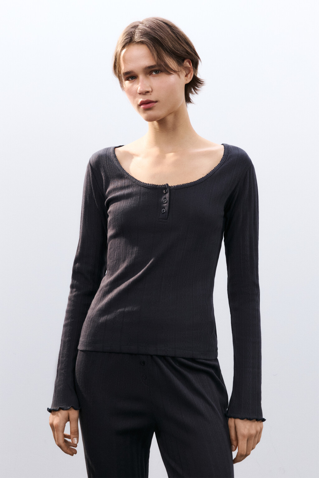 Лонгслив домашний с застежкой - цвет серый - 3