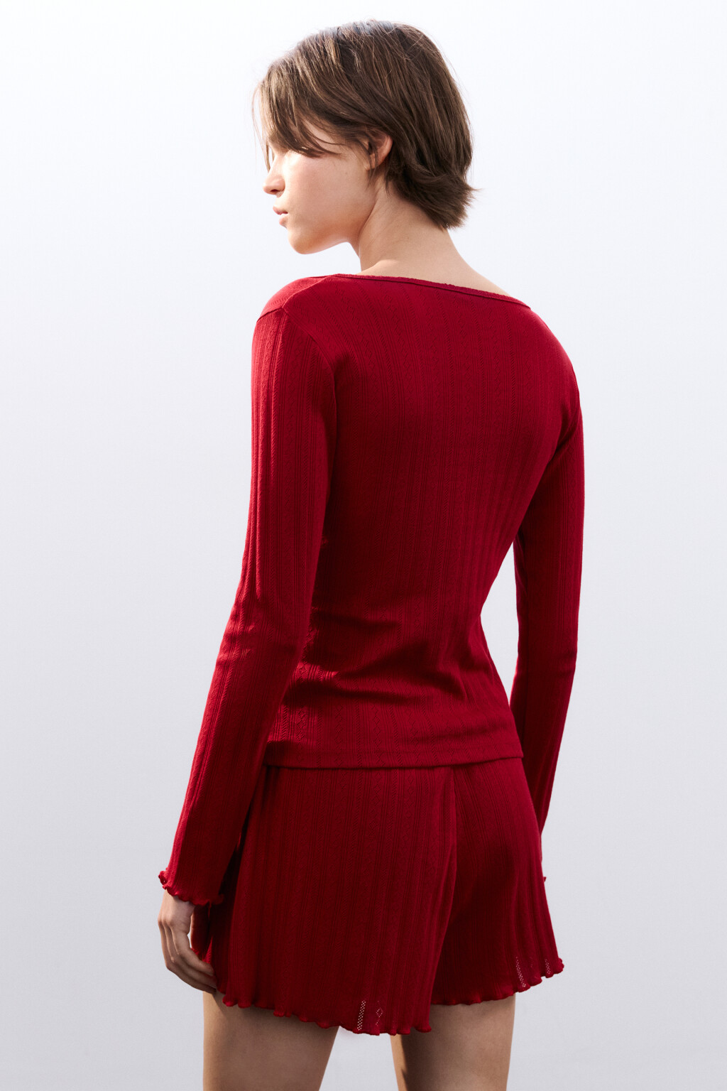 Лонгслив домашний с застежкой - цвет красный - 2