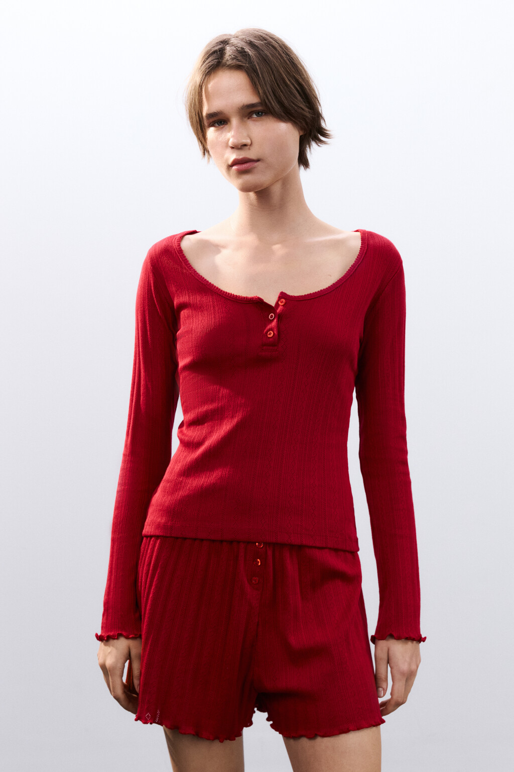 Лонгслив домашний с застежкой - цвет красный - 3