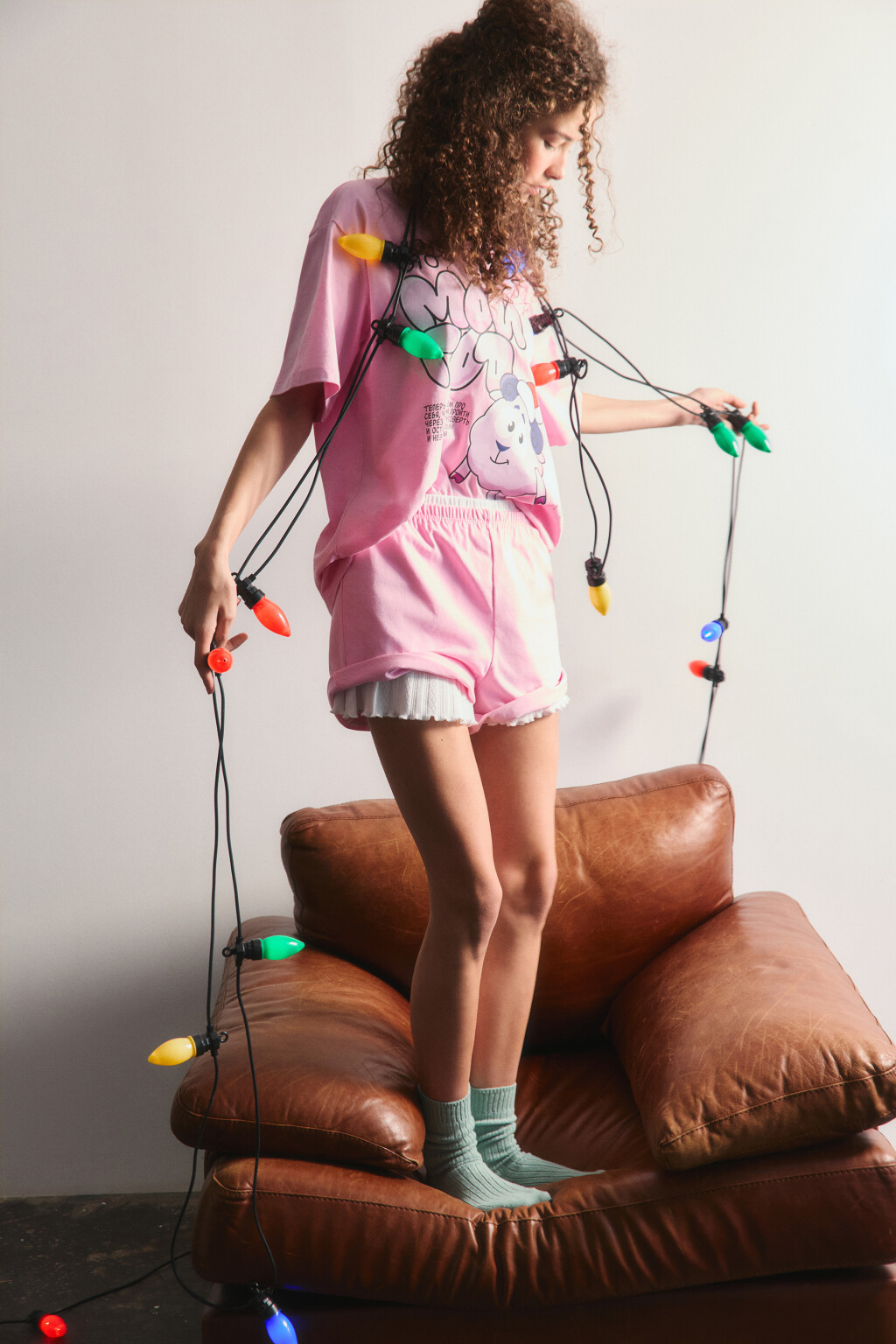 Пижама хлопковая с футболкой и шортами - цвет розовый - 1