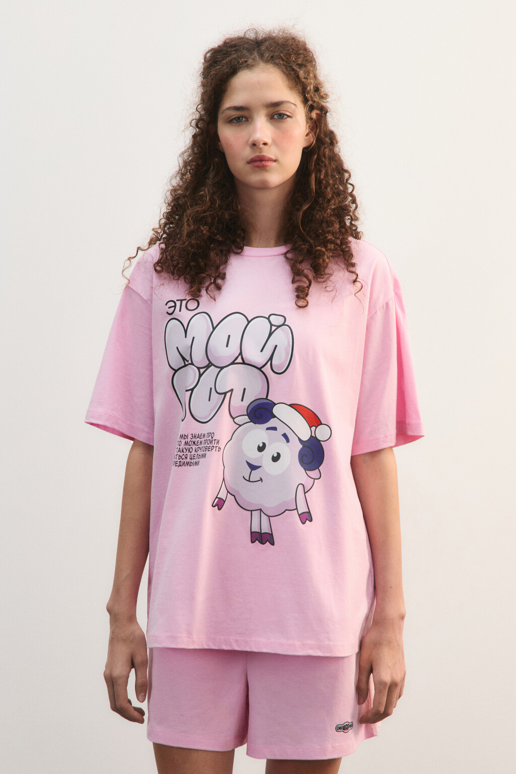 Пижама хлопковая с футболкой и шортами - цвет розовый - 3