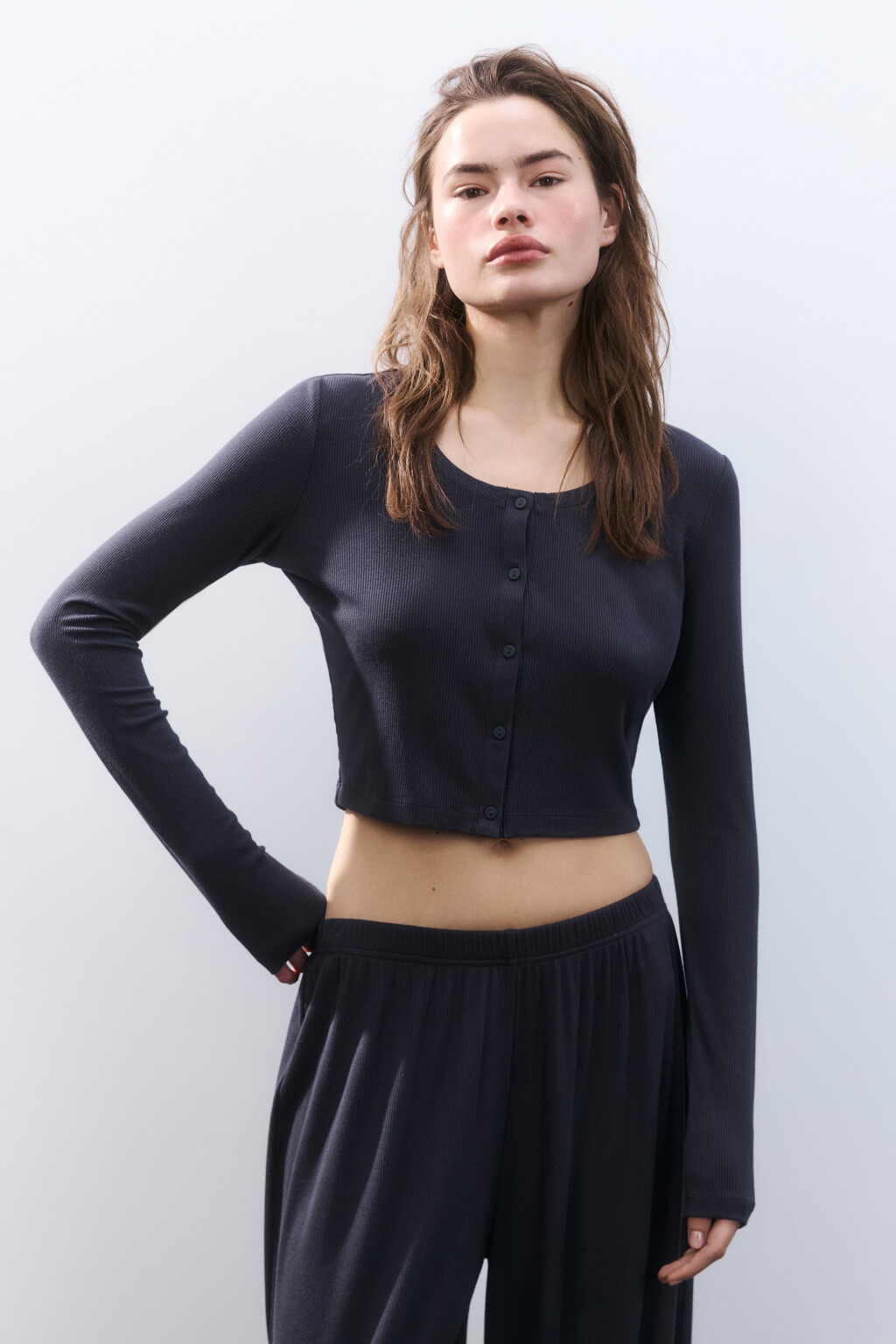 Лонгслив на пуговицах домашний - цвет серый - 2