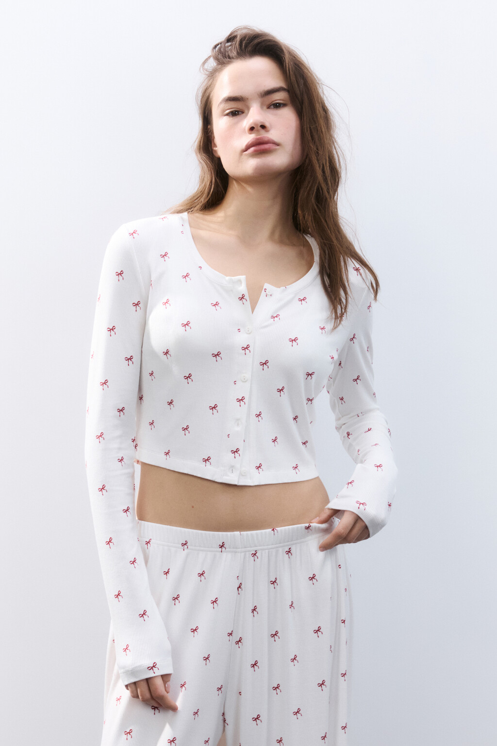 Лонгслив на пуговицах домашний - цвет красный - 2