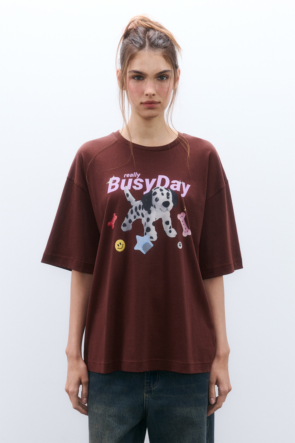Футболка oversize с принтом - цвет коричневый - 2