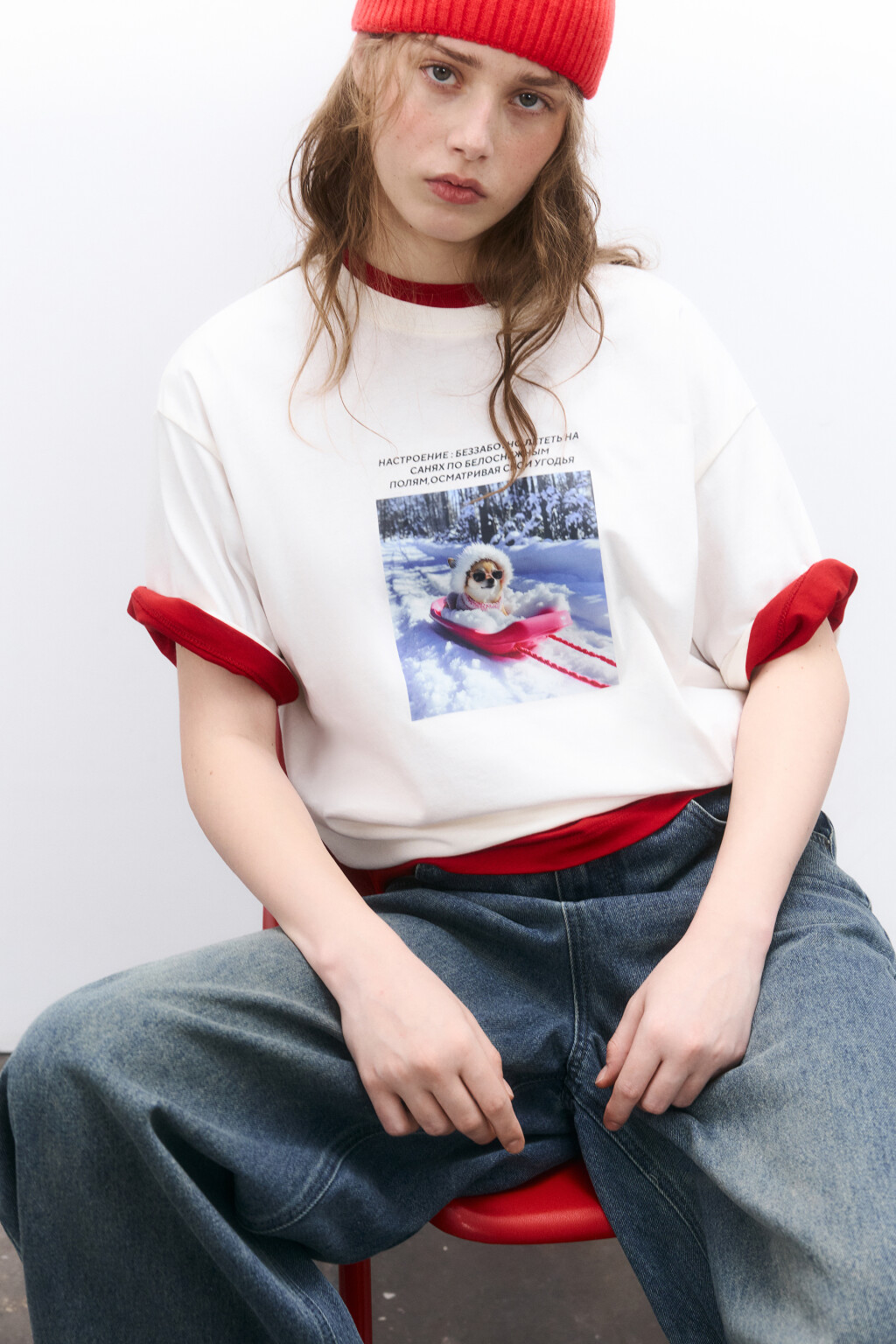 Футболка с новогодним принтом - цвет бежевый - 1