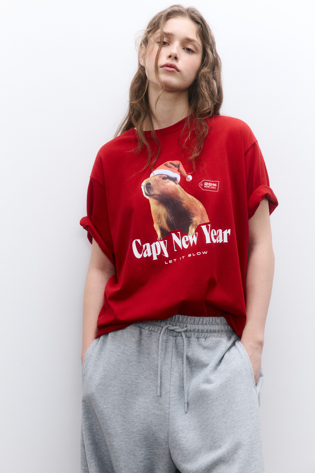 Футболка с новогодним принтом - цвет красный - 1