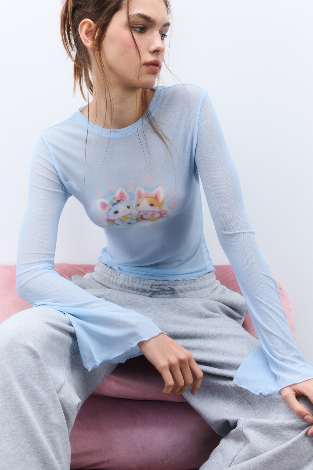 Лонгслив с принтом и рукавами-клеш - цвет голубой - 1