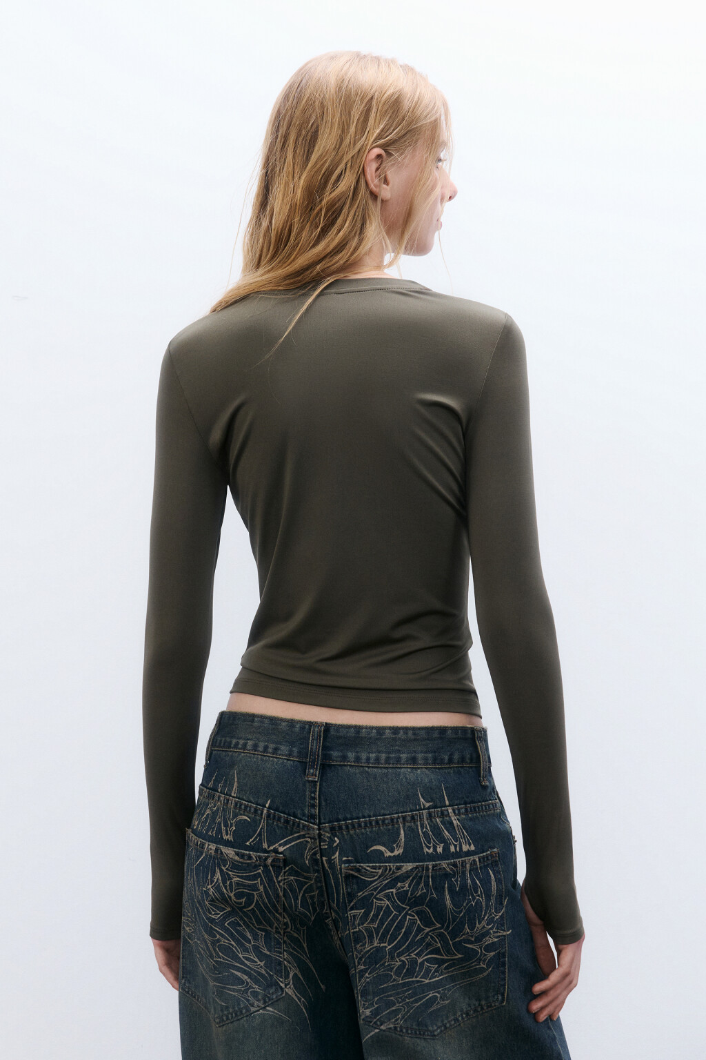 Лонгслив облегающий гладкий - цвет зеленый - 4