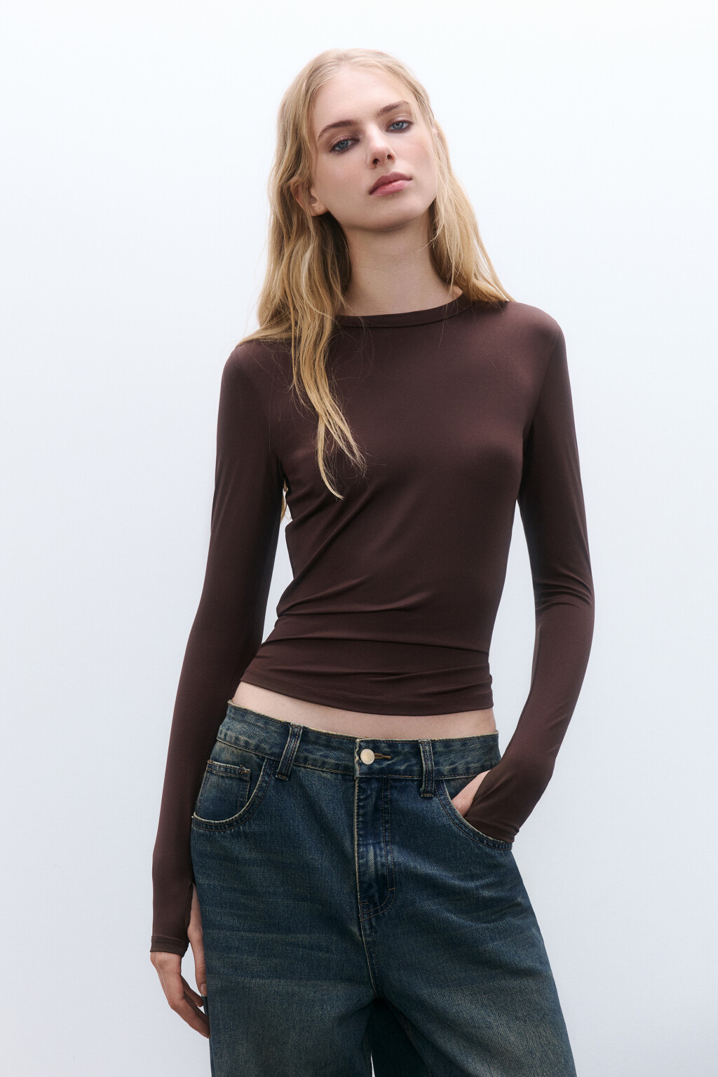 Лонгслив облегающий гладкий - цвет коричневый - 2