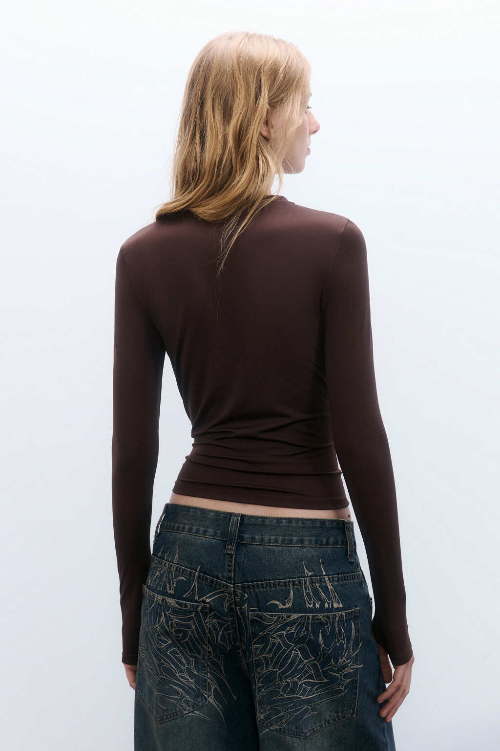 Лонгслив облегающий гладкий - цвет коричневый - 3