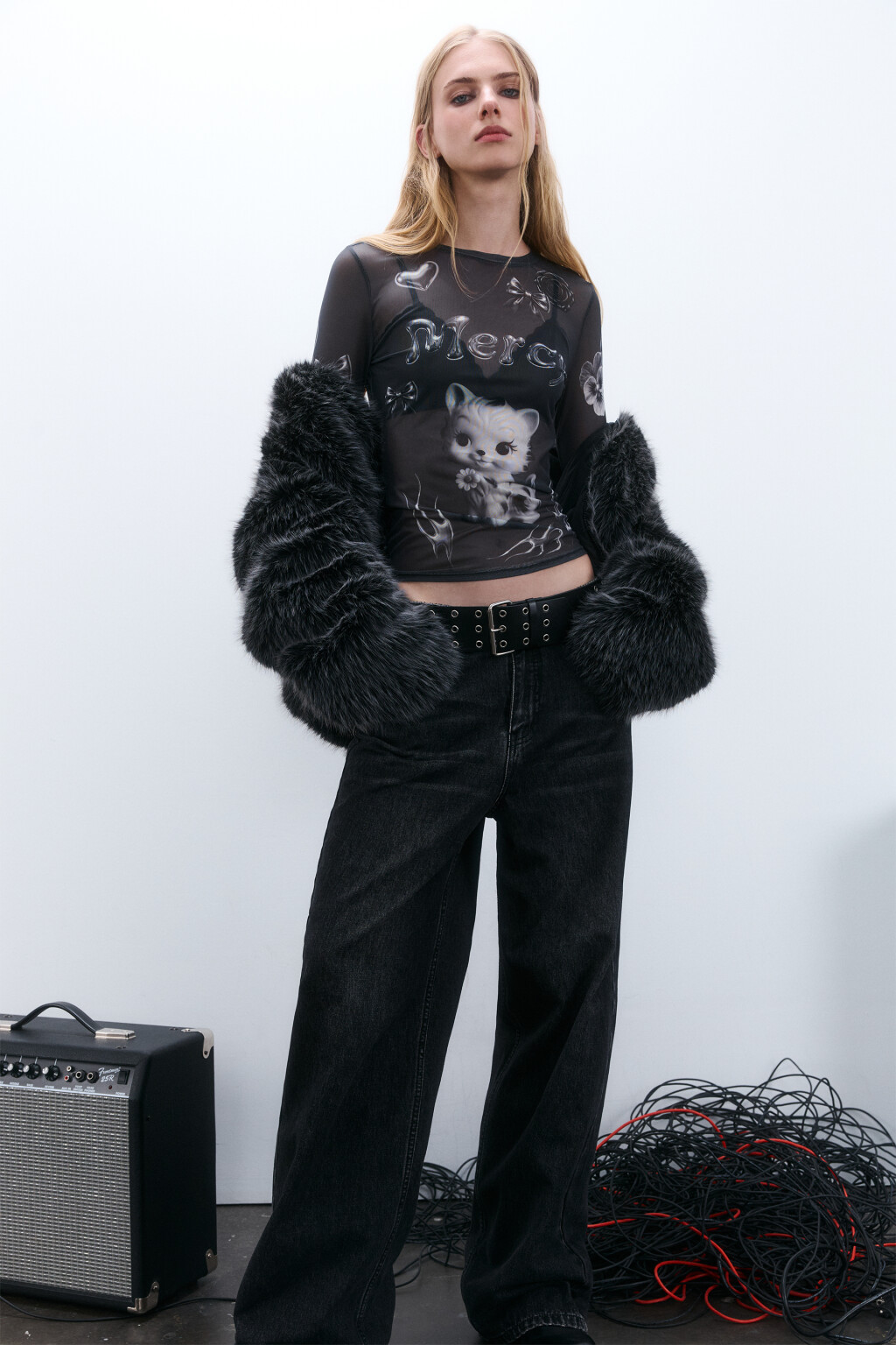 Лонгслив из сетки с принтом - цвет серый - 2