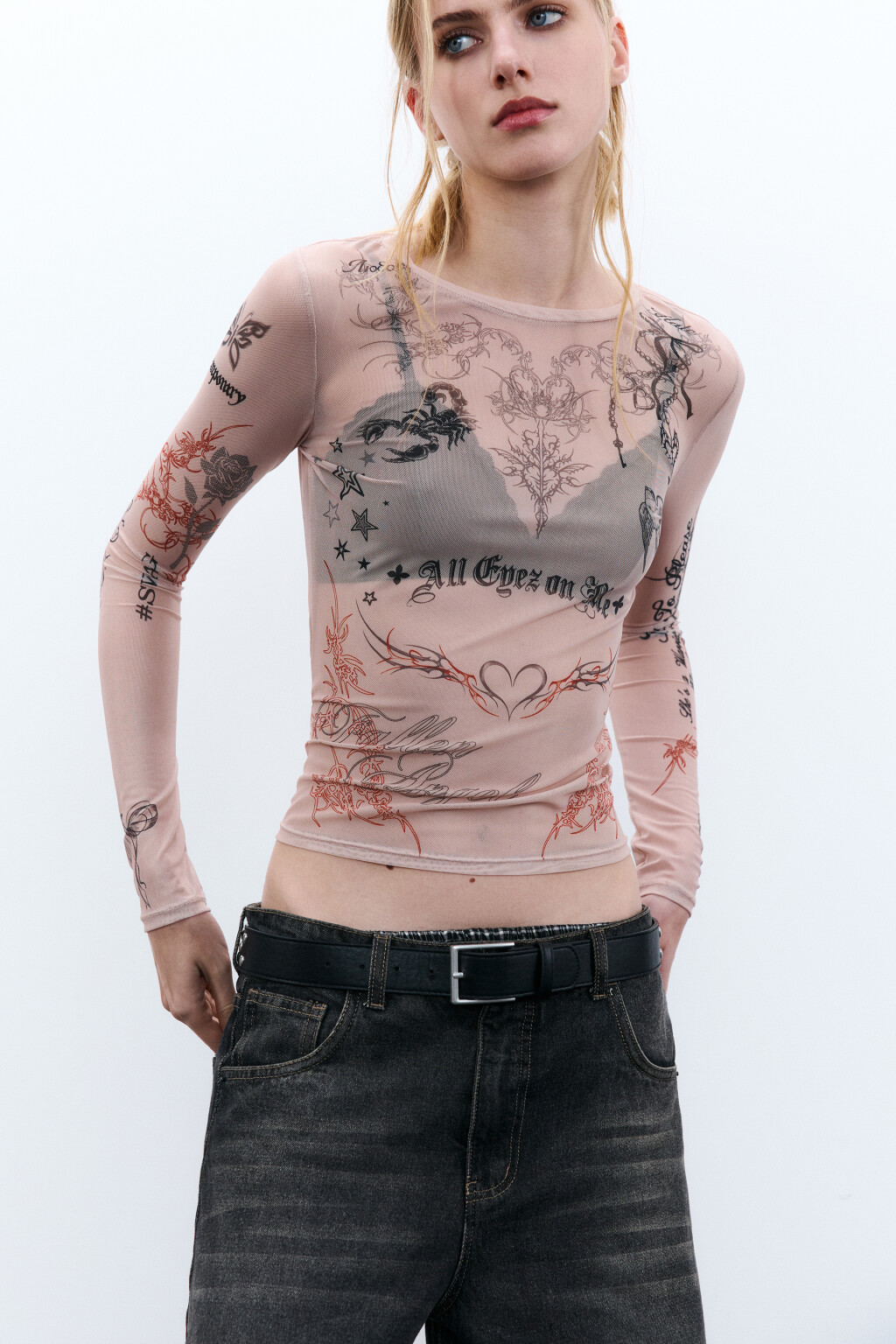 Лонгслив из сетки с принтом - цвет белый - 2